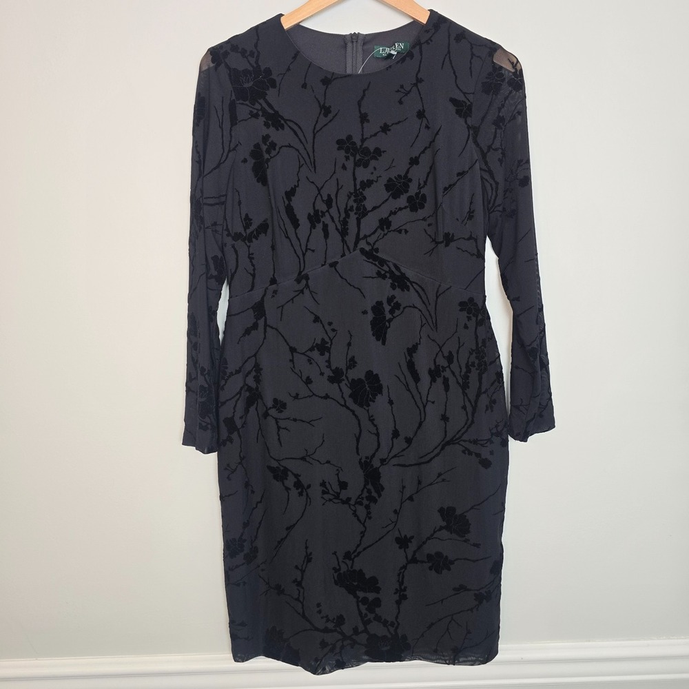 NWT Vintage Lauren Ralph Lauren Black Floral Mesh Dress 12P Gothic Dark Romantic - Picture 2 of 13